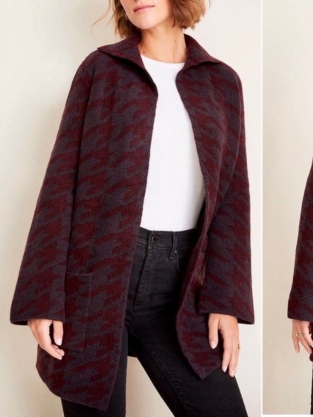 Ann Taylor Houndstooth Open Front Burgundy Jacket Coatigan Sz Medium